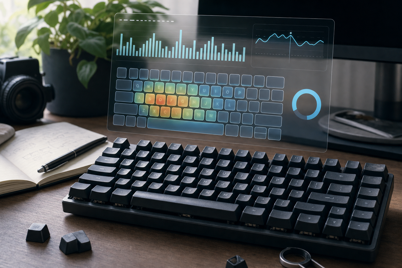Keyboard lifespan illustration with wear marks and a daily keystroke dashboard