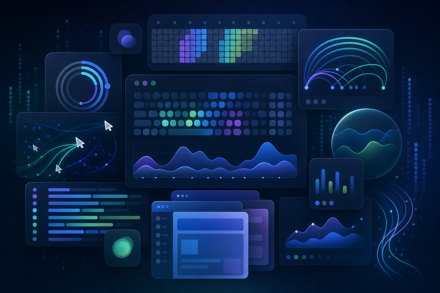 Abstract personal computer activity dashboard with charts, heatmap dots, and cursor paths