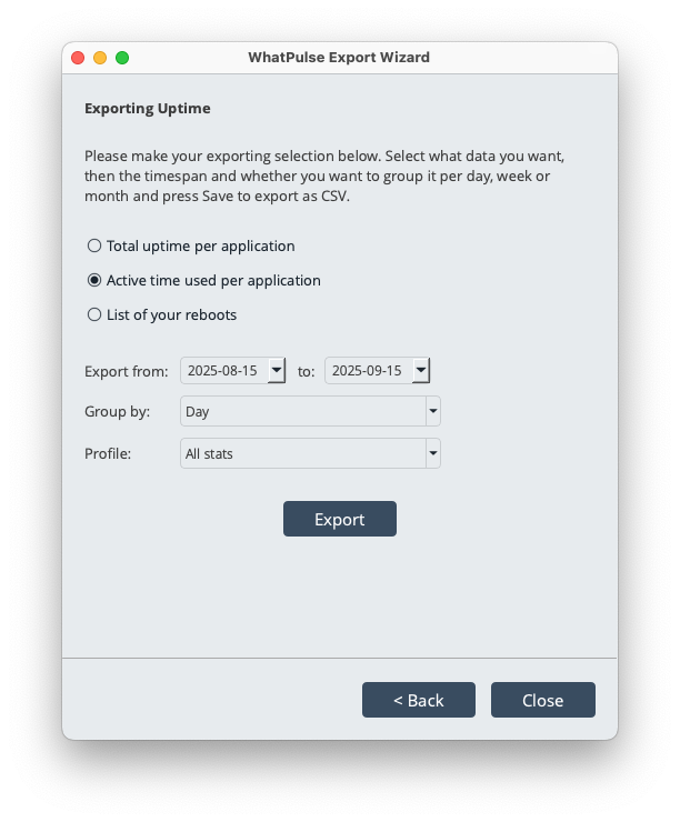 Uptime data export options for computer usage and application statistics